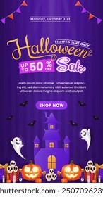 A Halloween sale banner template featuring pumpkins, candles, lanterns, and bats. Ideal for websites or banners, incorporating a variety of Halloween-themed designs.