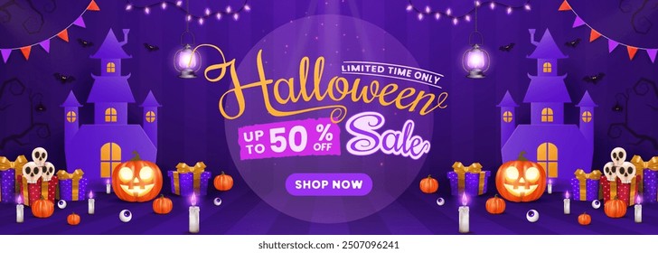 A Halloween sale banner template featuring pumpkins, candles, lanterns, and bats. Ideal for websites or banners, incorporating a variety of Halloween-themed designs.