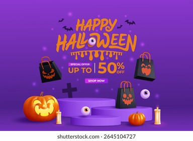 Halloween sale banner template featuring a dark background and spooky elements with a podium display. Perfect for promotional banners, website backgrounds, and Halloween themed sale events.