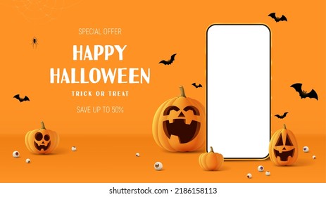 Halloween sale banner template. Festive banner with 3d spooky pumpkins, smartphone, candy eyes, spider on web and paper bats. Vector 3d ad illustration for promotion of Halloween sale.