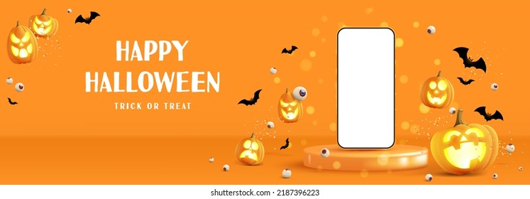 Halloween sale banner template. Festive banner with 3d spooky pumpkins, smartphone on podium, candy eyes and paper bats. Vector 3d ad illustration for promotion of Halloween sale.