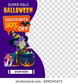 Halloween sale banner template with funny witch and magic potion cauldron, vector frame with transparent background. Halloween holiday promo discount banner or shop window sticker with witch character