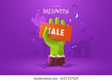 Halloween Sale banner template. A green zombie hand sticks out of the ground holding a tag that says sale. Ideal for poster, online store, flyer, coupon. Vector illustration