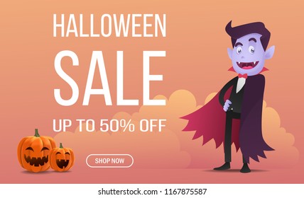 Halloween sale banner template, illustration of halloween dracula character in cartoon style