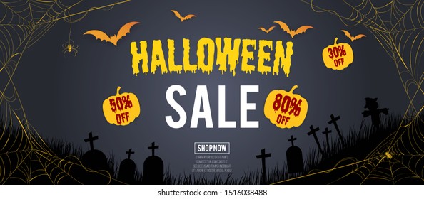 Halloween sale banner template, party invitation concept black background,price on 80% off, 50% off, 30% off