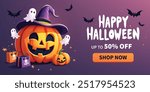 Halloween sale banner template, Perfect for promoting a sale with discounts up to 50% off. It is ideal for Halloween promotions, online stores, or social media marketing during the Halloween season.