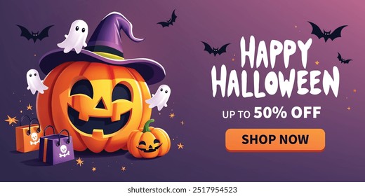 Halloween Banner Vorlage, Perfekt für die Förderung eines Verkaufs mit Rabatten bis zu 50% Rabatt. Es ist ideal für Halloween-Aktionen, Online-Shops oder Social Media-Marketing während der Halloween-Saison.