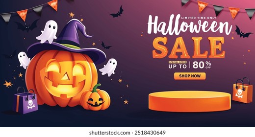 Modelo de banner de venda de Halloween, Perfeito para promover uma venda com descontos até 80% de desconto. É ideal para promoções de Halloween, lojas on-line ou marketing de mídia social durante a temporada de Halloween.