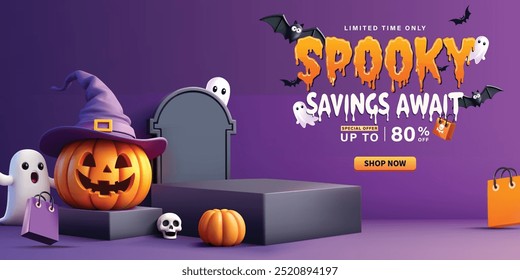 Modelo de banner de venda de Halloween, Perfeito para promover uma venda com descontos até 80% de desconto. Ideal para promoções de Halloween, lojas on-line ou marketing de mídia social durante a temporada de Halloween.