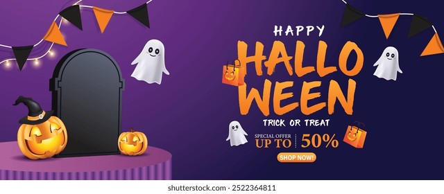Halloween sale banner template, Perfect for promoting a sale with discounts up to 50% off. It is ideal for Halloween promotions, online stores, or social media marketing during the Halloween season.