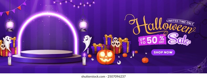 A Halloween sale banner template with a podium, pumpkins, candles, lanterns, and bats. Ideal for websites or banners, showcasing a range of Halloween-themed elements.
