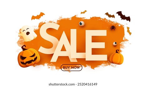 Halloween sale banner template. Podium and numbers with amount of discount. Special October offer. Vector illustration.
