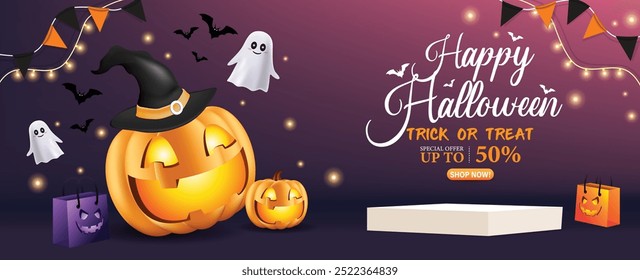 Halloween sale banner template, promoting a sale with discounts up to 50% off with empty podium for Halloween promotions, online stores, or social media marketing during the Halloween season.