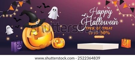 Halloween sale banner template, promoting a sale with discounts up to 50% off with empty podium for Halloween promotions, online stores, or social media marketing during the Halloween season.