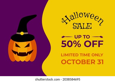 Halloween sale banner template with pumpkin monster and witch hat. Halloween Promotion special offer. 