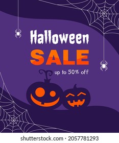 Halloween sale banner template with spiders on web and pumpkins on purple background. Flat vector illustration