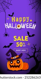 Halloween sale banner template with spiders on web and pumpkins on purple background. Flat vector illustration for stories