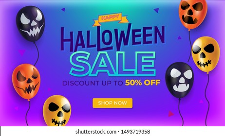 Halloween Sale banner template with spooky faces balloon vector illustration