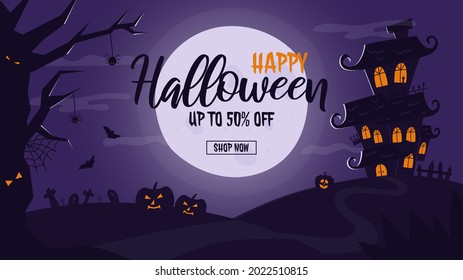 Halloween sale banner template with spooky elements - haunted house, willow tree, full moon, pumpkin and cemetery. Vector flyer with place for text for invitations, party, special offer.