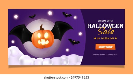 Halloween sale banner template is suitable for flyers and banners with pumpkin and bat design elements. EPS 10 vector illustration