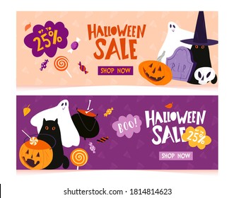 Halloween sale banner template with traditional holiday character and decoration