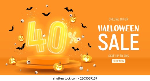 Halloween sale banner template. Vector illustration with soaring podium and neon numbers with amount of discount. Vector illustration. Ad background with 3d stage for Halloween sale.