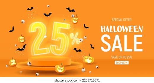 Halloween sale banner template. Vector illustration with soaring podium and neon numbers with amount of discount. Vector illustration. Ad background with 3d stage for Halloween sale.