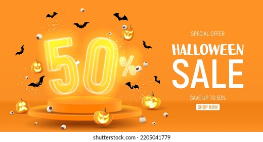 Halloween sale banner template. Vector illustration with soaring podium and neon numbers with amount of discount. Vector illustration. Ad background with 3d stage for Halloween sale.