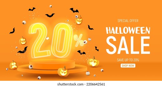 Halloween sale banner template. Vector illustration with soaring podium and neon numbers with amount of discount. Vector illustration. Ad background with 3d stage for Halloween sale.