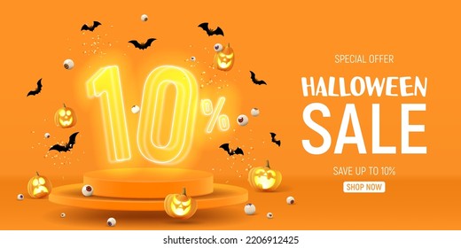 Halloween sale banner template. Vector illustration with soaring podium and neon numbers with amount of discount. Vector illustration. Ad background with 3d stage for Halloween sale.