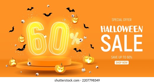 Halloween sale banner template. Vector illustration with soaring podium and neon numbers with amount of discount. Vector illustration. Ad background with 3d stage for Halloween sale.