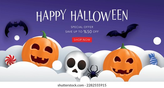 Halloween sale banner template. Vector with paper cut clouds, pumpkin, skull, spider, candy and flying bats. Background for party invitation, holiday, promo, discount, voucher, website, social media.