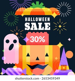 Halloween sale banner template. Vector modern illustration of open pumpkin box, ghost, candy, witch hat and fireworks. Design elements for seasonal discount poster, holiday promo flyer, coupon design