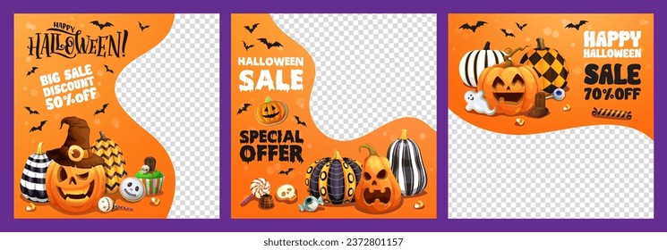 Plantillas de banner de venta de Halloween, venta masiva y tarjetas vectoriales de oferta especial. Truco o trato a personajes de caricaturas de vacaciones de linternas de calabaza de horror, murciélagos y caramelos, copas, fantasmas de chocolate y cráneos