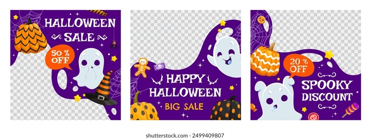 Halloween sale banner templates with cute kawaii ghosts and colorful pumpkins, vector backgrounds. Halloween holiday discount stickers for shop window with monster candy sweets and boo ghost character