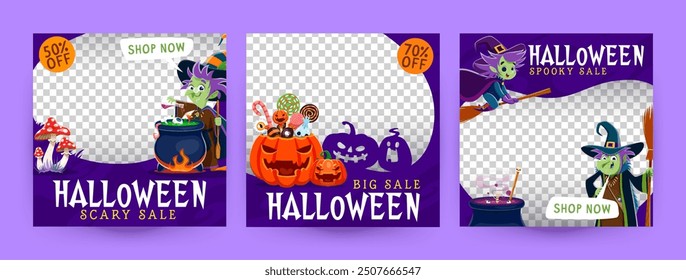 Halloween sale banner templates, witch and holiday sweets bucket, pumpkins, cauldron and amanita mushroom. Vector frames featuring bewitching discount offers, eerie text screams savings and spooky fun