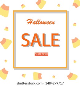 Halloween Sale banner with text and corn candy in orange frame on white background. Pastel color concept.Vector illustration.