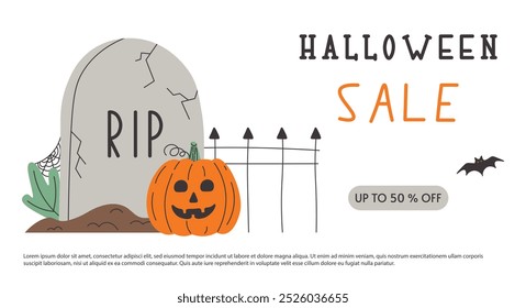 Banner de venda de Halloween. Tombstone e abóbora no cemitério. Oferta de desconto especial de feriado. Jack O Lanterna. Grave sobre fundo branco. Modelo com texto. Ilustração de vetor plano.