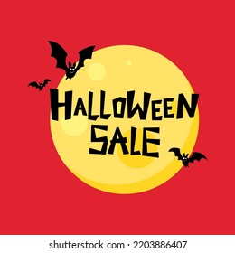 Halloween sale banner. Vector Halloween background with illustration of flying bats over moon. Yellow moon.