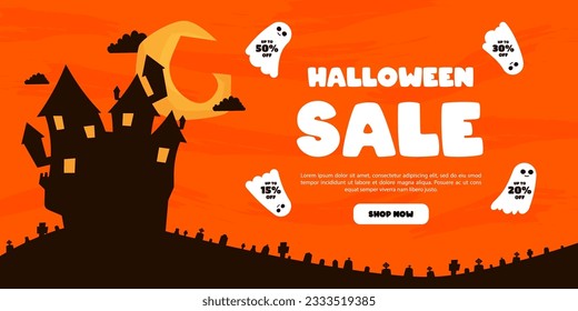 Halloween Sale banner. Vector design for sales promotion on Halloween day with pumpkins, bats, ghosts, haunted house and graveyard decorations.