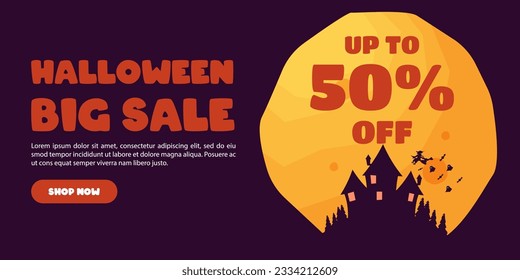 Halloween Sale banner. Vector design for sales promotion on Halloween day with pumpkins, bats, ghosts, haunted house and graveyard decorations.