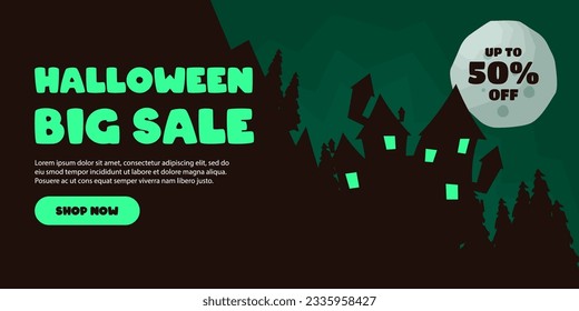 Halloween Sale banner. Vector design for sales promotion on Halloween day with pumpkins, bats, ghosts, haunted house and graveyard decorations.