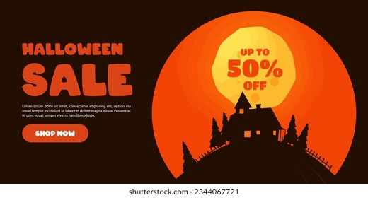 Halloween Sale banner. Vector design for sales promotion on Halloween day with pumpkins, bats, ghosts, haunted house and graveyard decorations.