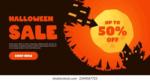 Halloween Sale banner. Vector design for sales promotion on Halloween day with pumpkins, bats, ghosts, haunted house and graveyard decorations.