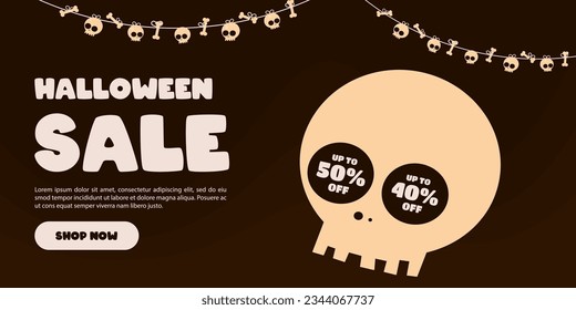 Halloween Sale banner. Vector design for sales promotion on Halloween day with pumpkins, bats, ghosts, haunted house and graveyard decorations.
