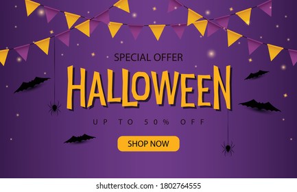 Halloween sale banner. Vector illustration in flat style.