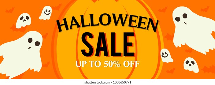 Halloween Sale banner vector illustration. Spooky Ghosts on orange bat pattern