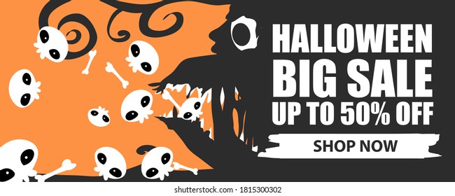 Halloween Sale Banner. Halloween vector illustration with skulls and monsters. Vector halloween theme for your store sales promo.