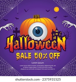 Halloween Sale banner vector illustration with hand bone, pumpkin, Haunted Castle,sale text and monocular. 