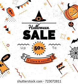 Halloween sale banner  Sale vector illustration. Sale background in 80s memphis style with holiday symbols.  